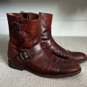 Frye Dark Brown Leather Buckle Boots